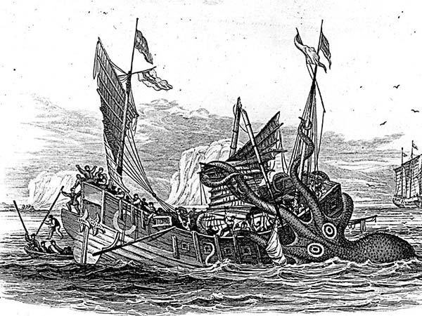 رسم تخيلي لكراكن يهاجم سفينة تجارية في العام 1810